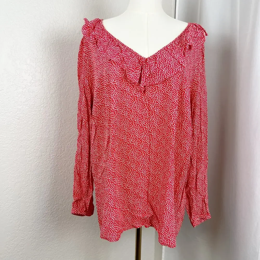 Loft Top Womens 18 Red Heart Print Ruffle Trim Peasant Boho Chic Romantic Flowy - Picture 1 of 11
